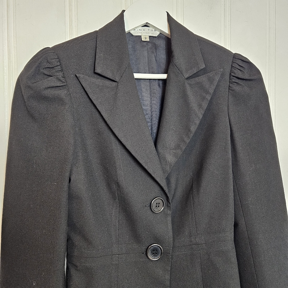 Trina Turk Blazer Size 2 Puff Sleeve Double Button Tailored Career Womens Black - Picture 3 of 13